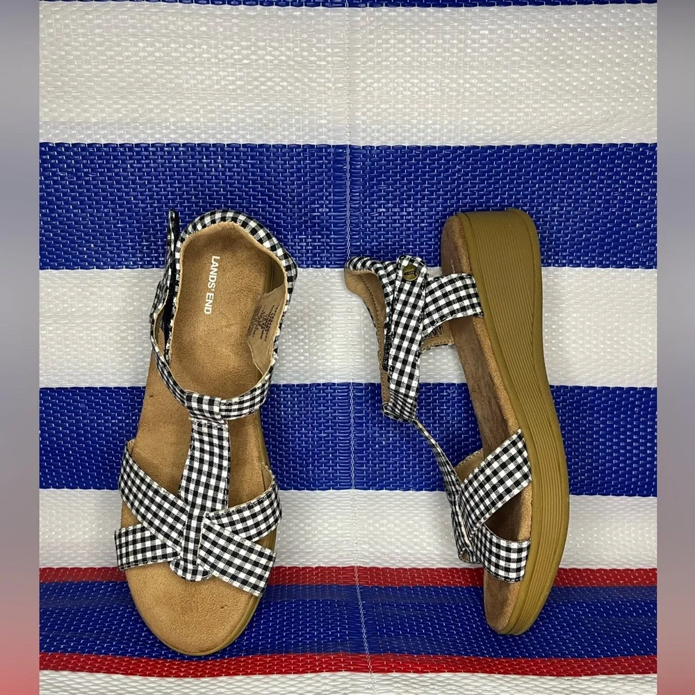 NEW Lands' End Women's Comfort Adjustable Gingham Sandals - Megan Gingham Style